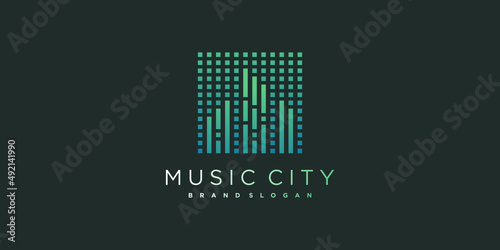 Music logo design with creative element city concept Premium Vector