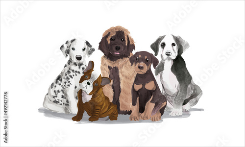 Group of dogs puppies portrait watercolor realistic vector illustration on white background