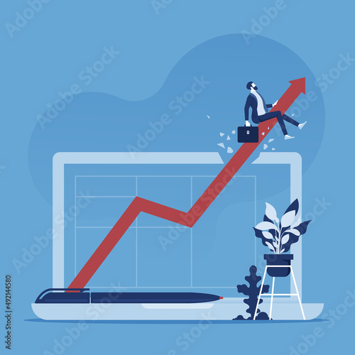 Businessman riding arrow chart pierces the laptop screen, graph for successful mission, incredible financial growth, business growth and success concept