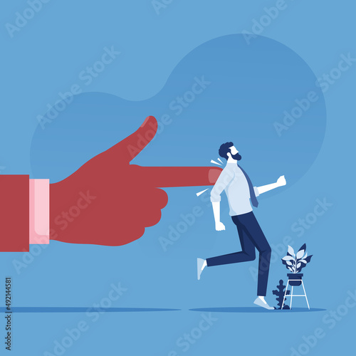 Mentoring, pushing force to move forward and makes him do something. Giant hand of leader pushing businessman, Business motivation concept