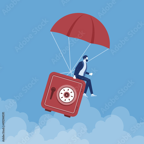 Businessman with flying falling safe with parachute, unexpected financial opportunities, credit, bank deposit