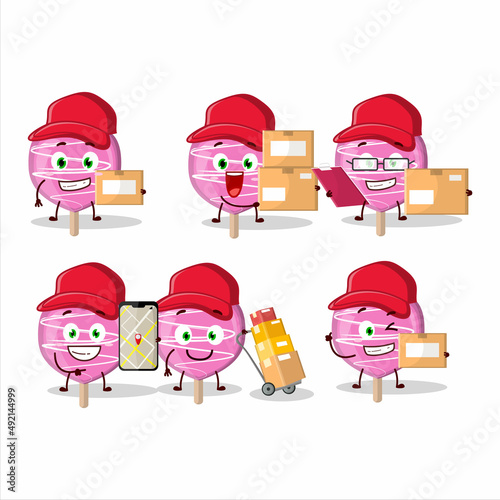 Cartoon character design of pink lolipop love working as a courier