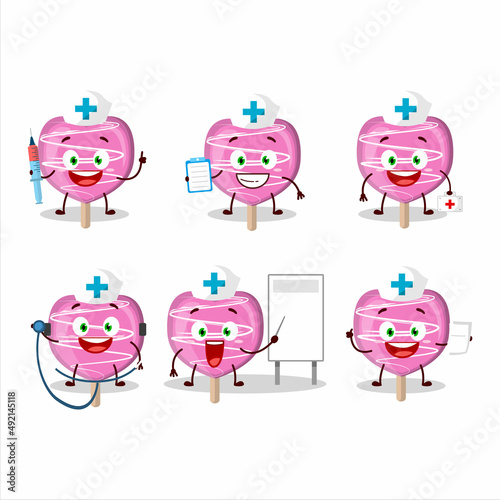 Doctor profession emoticon with pink lolipop love cartoon character