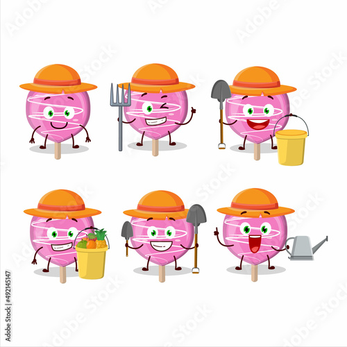 Farmer pink lolipop love cute mascot character with fork