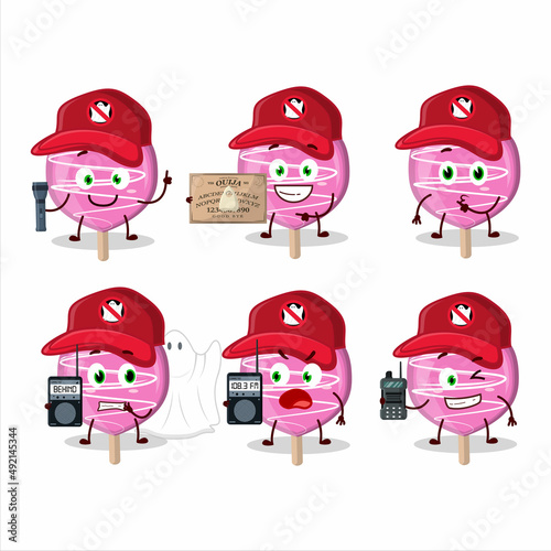 Ghost hunter cartoon pink lolipop love character using camera