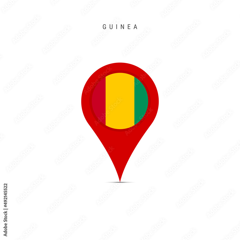 Teardrop map marker with flag of Guinea. Republic of Guinea flag inserted in the location map pin. Flat vector illustration isolated on white background. Teardrop map marker with flag of Guinea. Republic of Guinea flag inserted in the location map pin. Flat vector illustration isolated on white background.