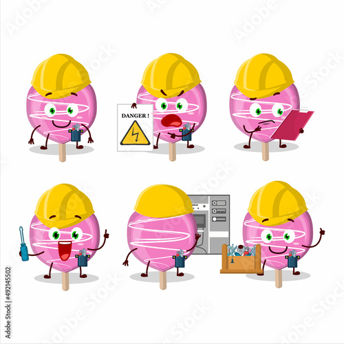 Professional Lineman pink lolipop love cartoon character with tools