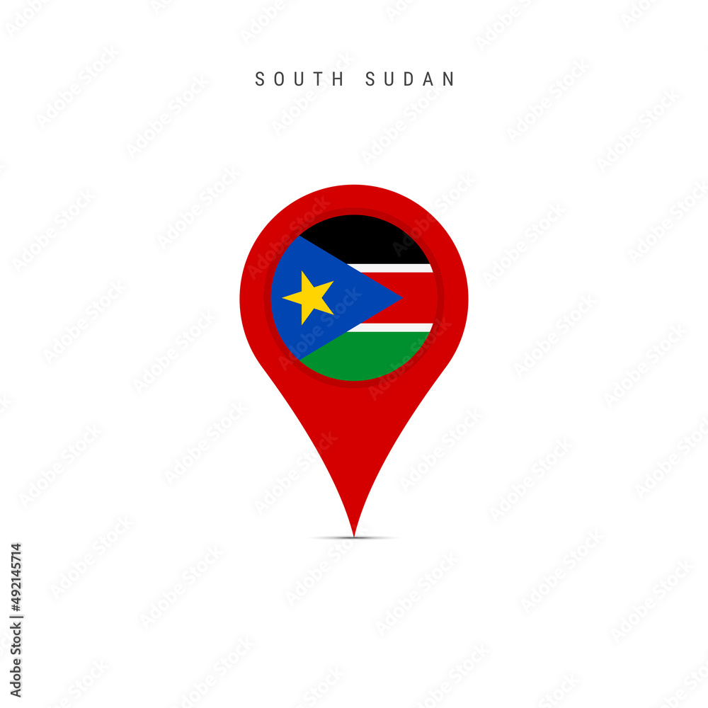 Teardrop map marker with flag of South Sudan. South Sudanese flag inserted in the location map pin. Flat vector illustration isolated on white background.