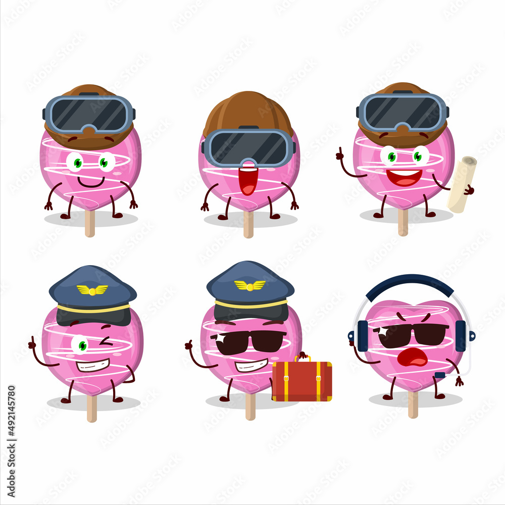Pilot cartoon mascot pink lolipop love with glasses