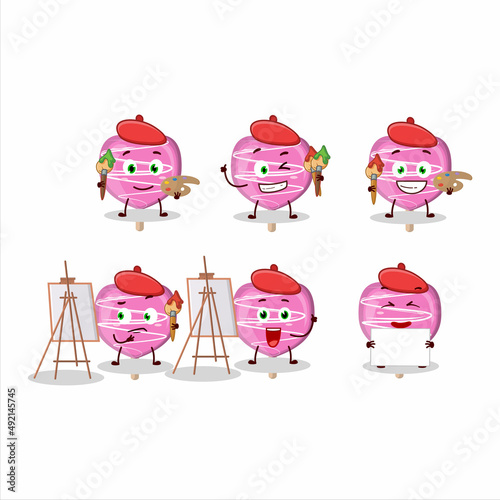 Artistic Artist of pink lolipop love cartoon character painting with a brush