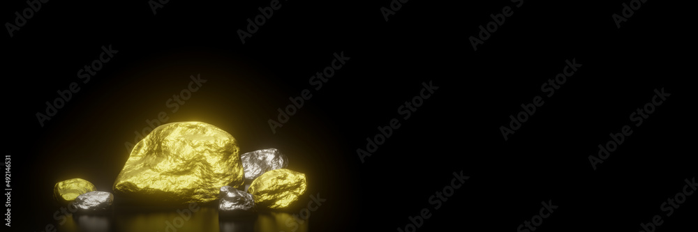 3D pure gold and silver nuggets on black background.