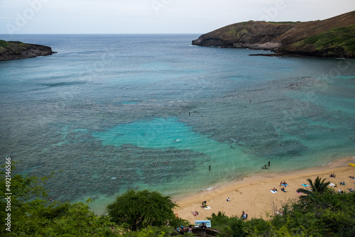 Hanauma Bay has beautiful water color even in cloudy day. O'ahu, Hawaii