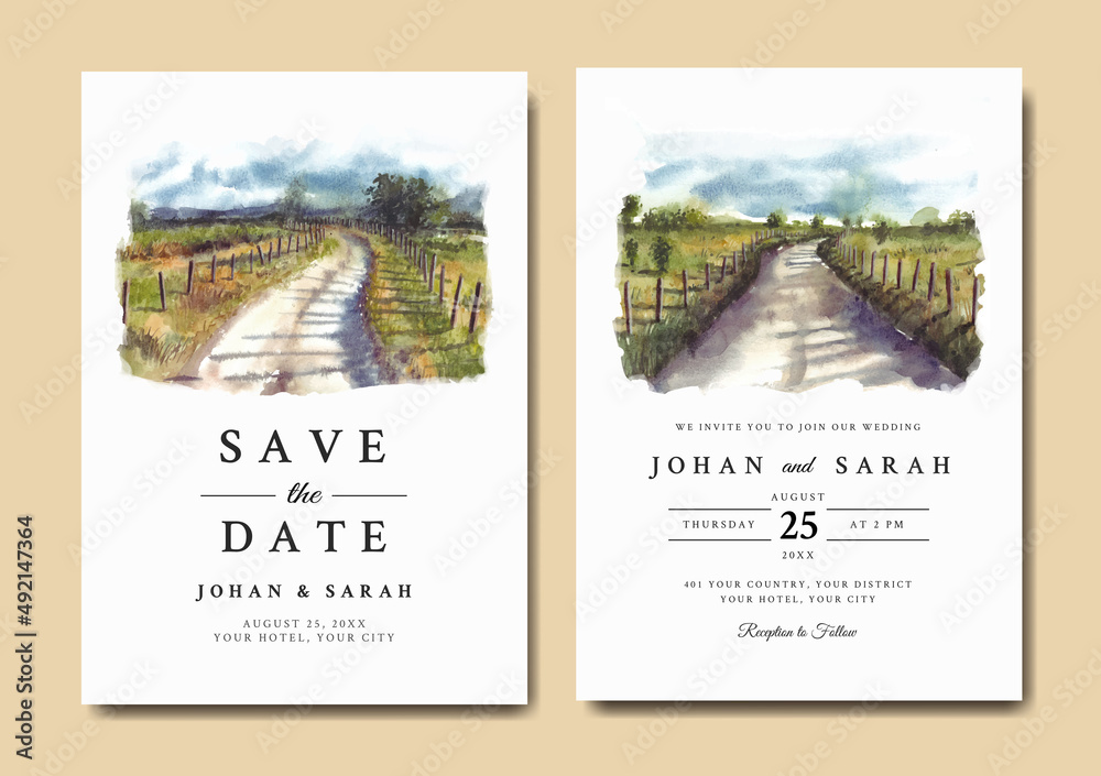 Wedding invitation of nature landscape with road and fence watercolor