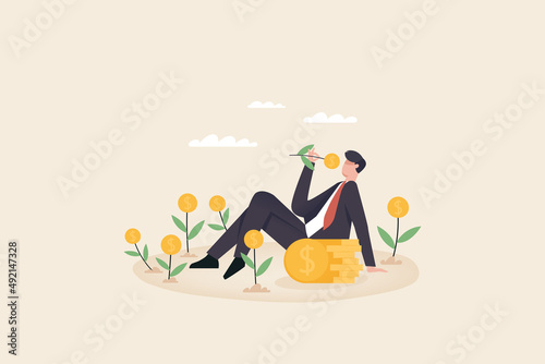 Businessman harvest money flower. dollar flower, Investing in growth stock, entrepreneur growing business or profit from investment concept.