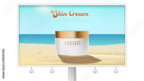 Cosmetic cream in sand on background of sea and beach. Beach scene.