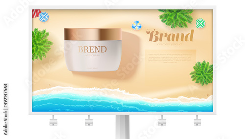 Ads of cosmetic creams on billboard. Jar on tropical beach scene.