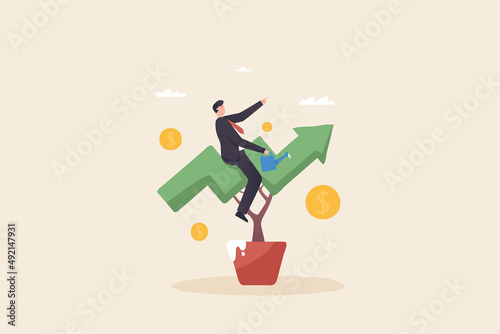 Businessman riding a graph. Plant in pot shaped like graph. Investment growth or business grow up, make profit in stock market or earning growth concept.