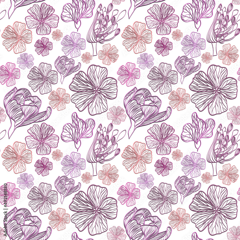 Seamless floral pattern with flowers in digital paper art style vector illustration 