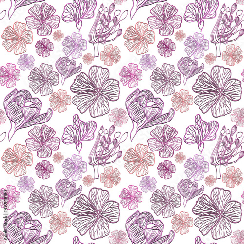 Seamless floral pattern with flowers in digital paper art style vector illustration 