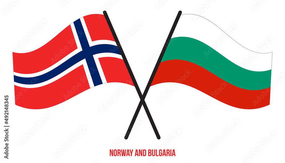 Norway and Bulgaria Flags Crossed And Waving Flat Style. Official Proportion. Correct Colors.