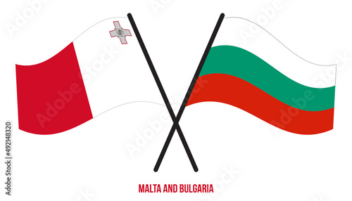 Malta and Bulgaria Flags Crossed And Waving Flat Style. Official Proportion. Correct Colors.