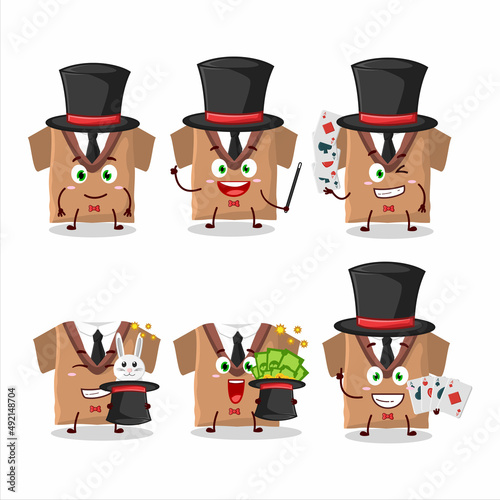 A school uniform brown Magician cartoon character perform on a stage