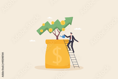 businessman watering and harvest money tree concept. Financial or investment growth, increase earning profit and capital gain, success in wealth management concept,