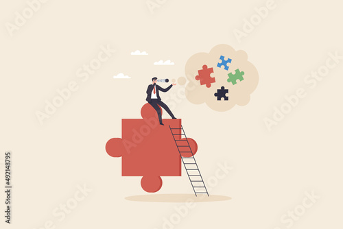 Businessman looking for puzzle pieces. Finding solution or search for last missing piece to finish or complete work, leadership mission or business difficulty concept.