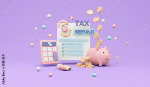Obraz na płótnie 3D Rendering of tax return form document paper with money elements concept of tax duty on background