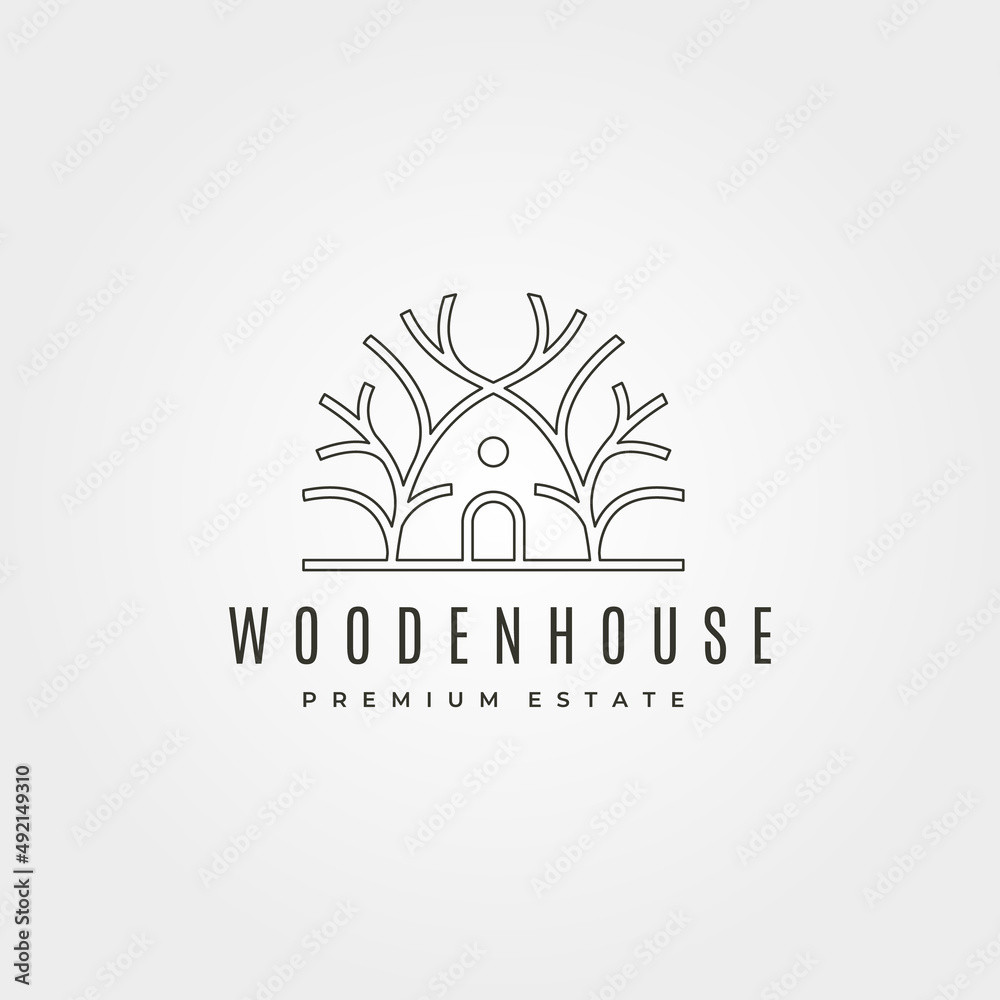cabin house tree vector logo symbol line art illustration design Stock ...