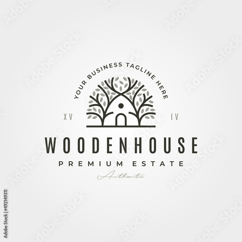 cabin tree creative logo vector symbol illustration design, wooden house minimal vintage design