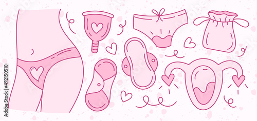 Menstruation theme. Period. Various feminine hygiene products. Zero waste objects. Panties, pads, cups. Menstrual protection, feminine hygiene. Hand drawn vector illustration. Isolated on white