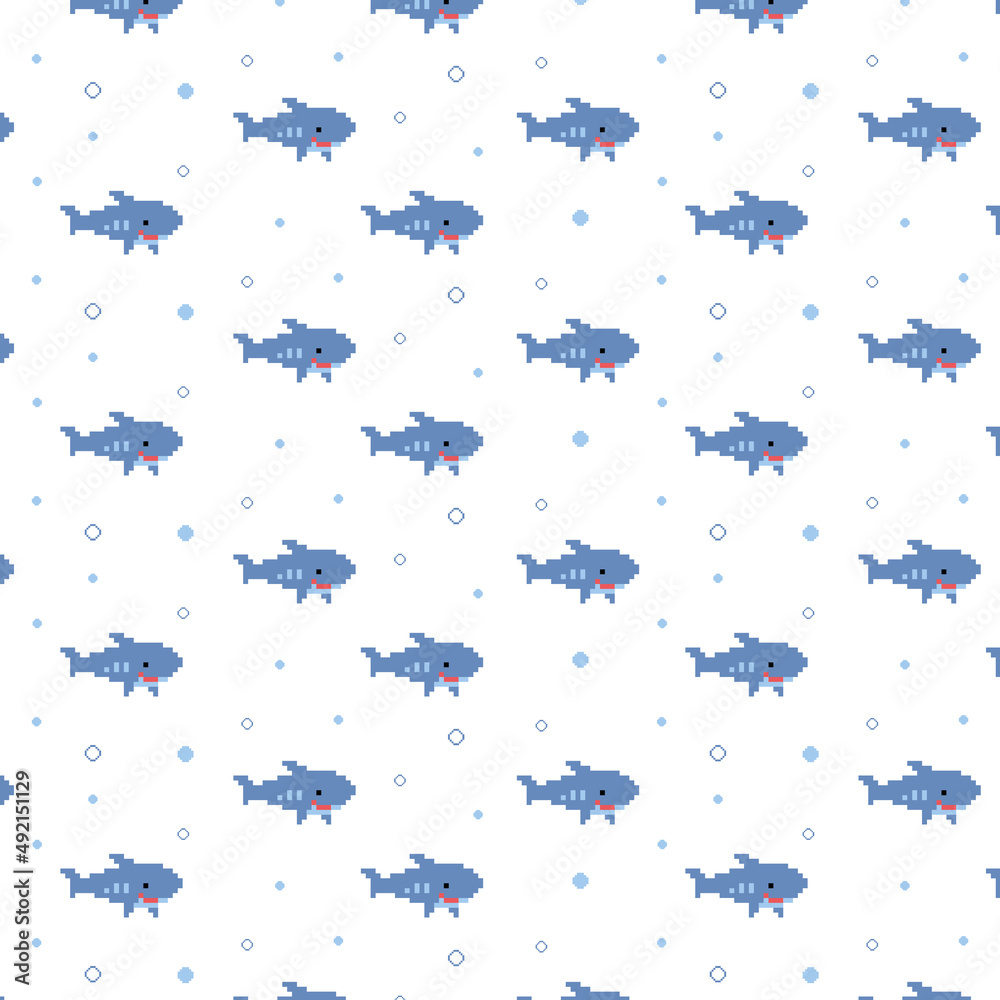 seamless pattern with cute shark vector pixel art