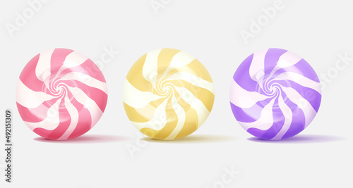 Realistic three sweet white glossy candies, lollipops with colored swirl, stripes. Look like 3d rendering. Vector illustration for card, party, design, flyer, poster, menu, banner, web, advertising.