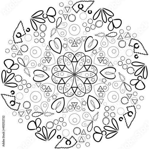 Round pattern of abstract and geometric elements for coloring. Mandala monochrome for relaxation.
