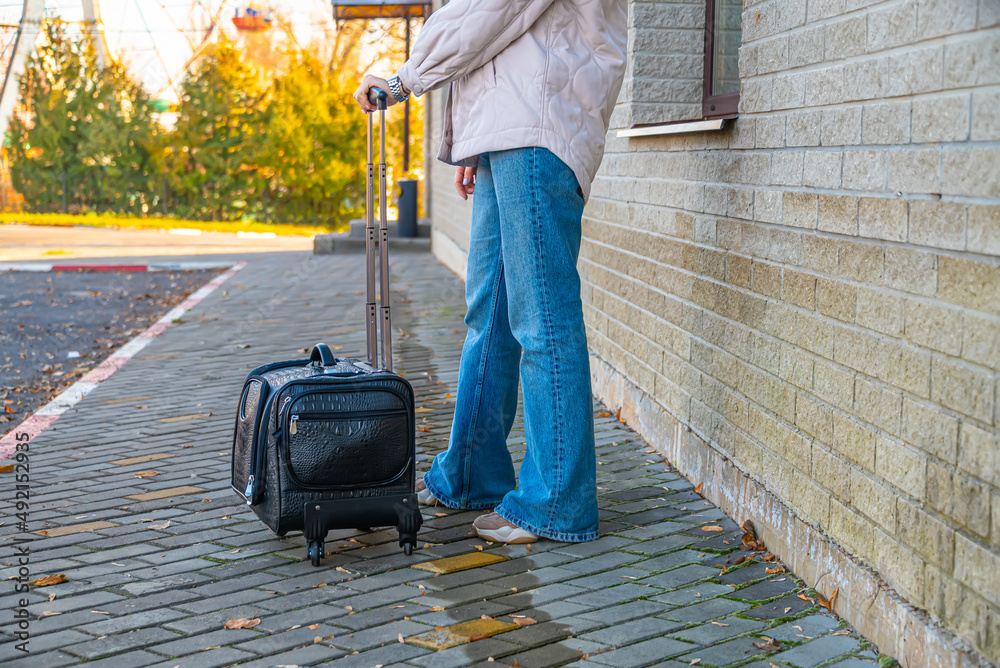A young woman in casual clothes and with a suitcase poses at the airport at the train station against the background of a brick wall in sunny weather