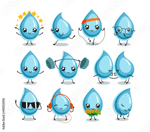 Water drops cute characters set. Vector illustrations of funny blue aqua mascots. Cartoon sad and happy faces of cold clear raindrops or splash of liquid isolated on white. Rain, kawaii concept