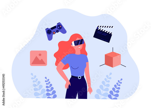 Virtual games and work of female user in VR glasses. Woman with flying joystick, clapperboard, 3d figure flat vector illustration. AR, experience concept for banner, website design or landing web page