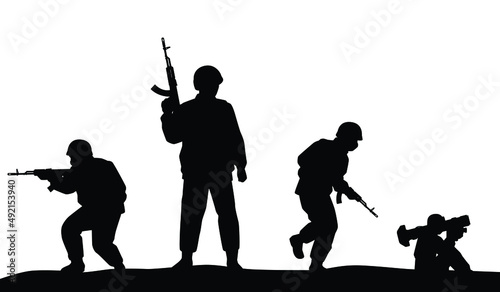 Soldiers troop with rifle gun in war silhouette vector, illustration for your background design, military man in the battle.
