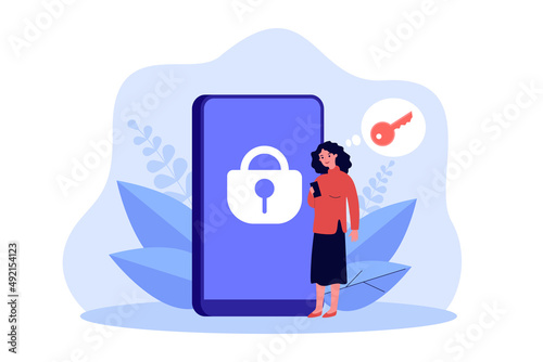 Mobile phone with closed lock on blue screen and tiny user. Woman thinking about key to smartphone flat vector illustration. Safe access concept for banner, website design or landing web page