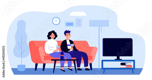 Couple watching TV and drinking wine. Man and woman sitting on sofa of home living room flat vector illustration. Television, entertainment concept for banner, website design or landing web page