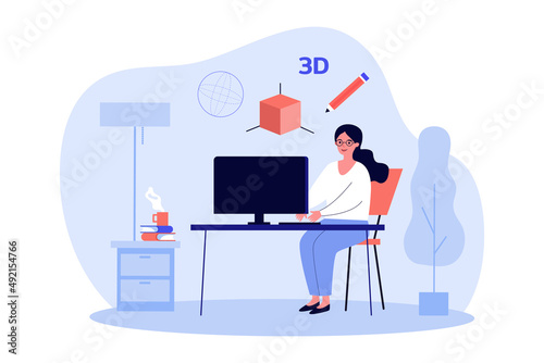 Art creation process of 3D graphic digital design by designer. Woman working on project at computer flat vector illustration. Job, technology concept for banner, website design or landing web page