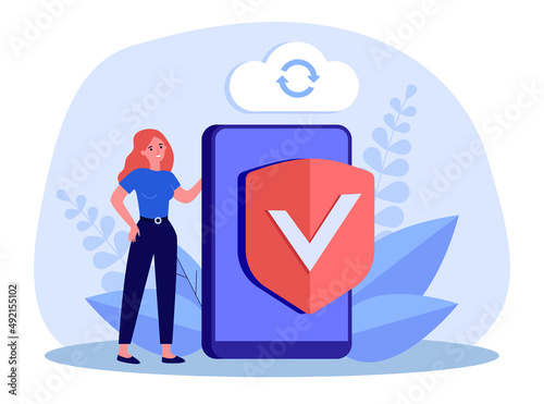 Protection of access to tiny womans cell phone. Girl standing with smartphone and secure shield flat vector illustration. Internet privacy concept for banner, website design or landing web page