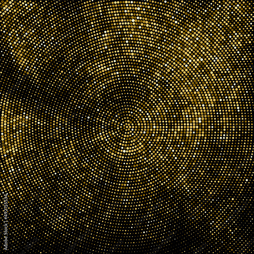 Naklejka premium Gold Glitter Halftone Dotted Backdrop. Abstract Circular Retro Pattern. Pop Art Style Background. Golden Explosion Of Confetti. Digitally Generated Image. Vector Illustration, Eps 10. 