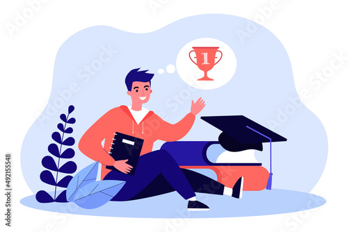 Students dreams of gold cup of winner in competition or study. Happy boy sitting near graduate cap and books flat vector illustration. Graduation concept for banner, website design or landing web page