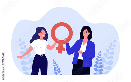 Happy women holding female symbol. Solidarity and support of tiny girls flat vector illustration. International womens day, feminism, sisterhood concept for banner, website design or landing web page