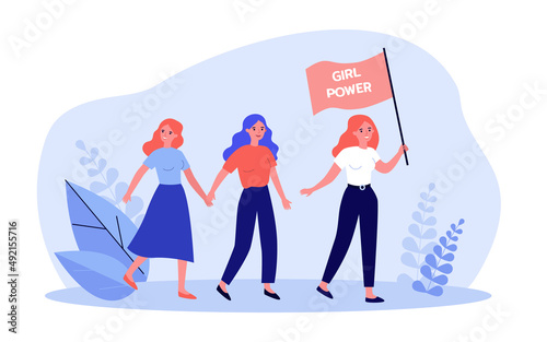 Female activists marching with flag in parade together. Womens protest against inequality flat vector illustration. Girls power, activism concept for banner, website design or landing web page