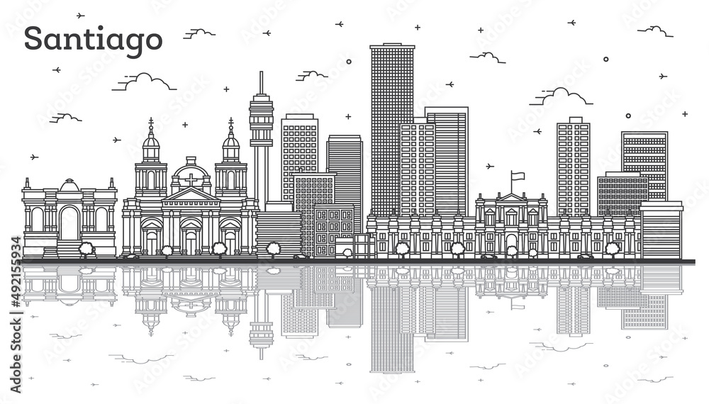 Outline Santiago Chile City Skyline with Modern Buildings and Reflections Isolated on White. Outline Santiago Chile City Skyline with Modern Buildings and Reflections Isolated on White.