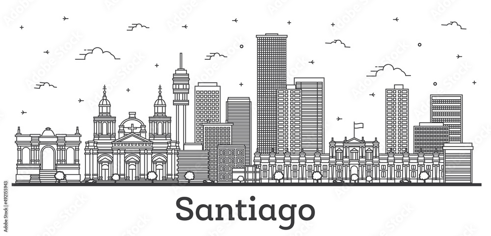 Outline Santiago Chile City Skyline with Modern and Historic Buildings Isolated on White.