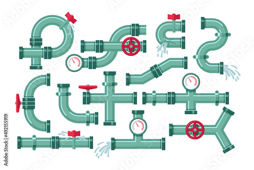 Broken metal pipes with leakage of water set. Vector illustrations of industrial pipelines with leaks. Cartoon tap, pressure meter, valve or tube leaking isolated on white. Plumbing problem concept